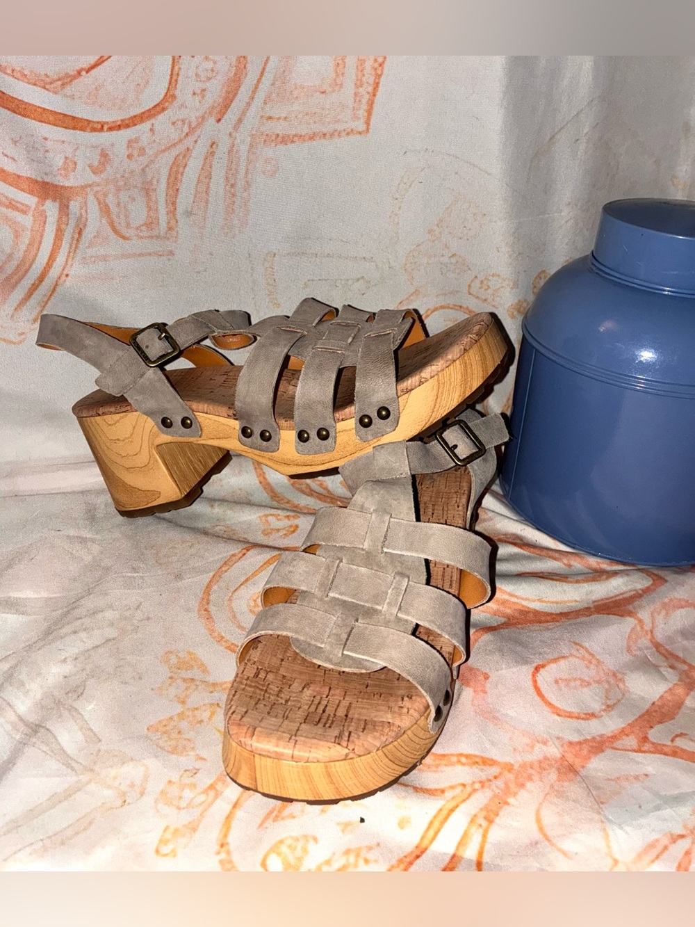 Kork-Ease Women’s Grey Suede Strappy Woodblock Sandals